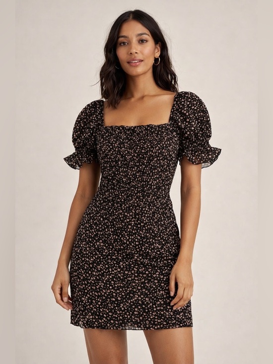 Blush J Dresses & Skirts - Blush J Black Floral Smocked Puff Sleeve Mini Dress Size L